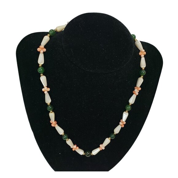 Vintage Mother Of Pearl Beads Pink Coral Green Hawaii Necklace 1978 - Picture 1 of 5